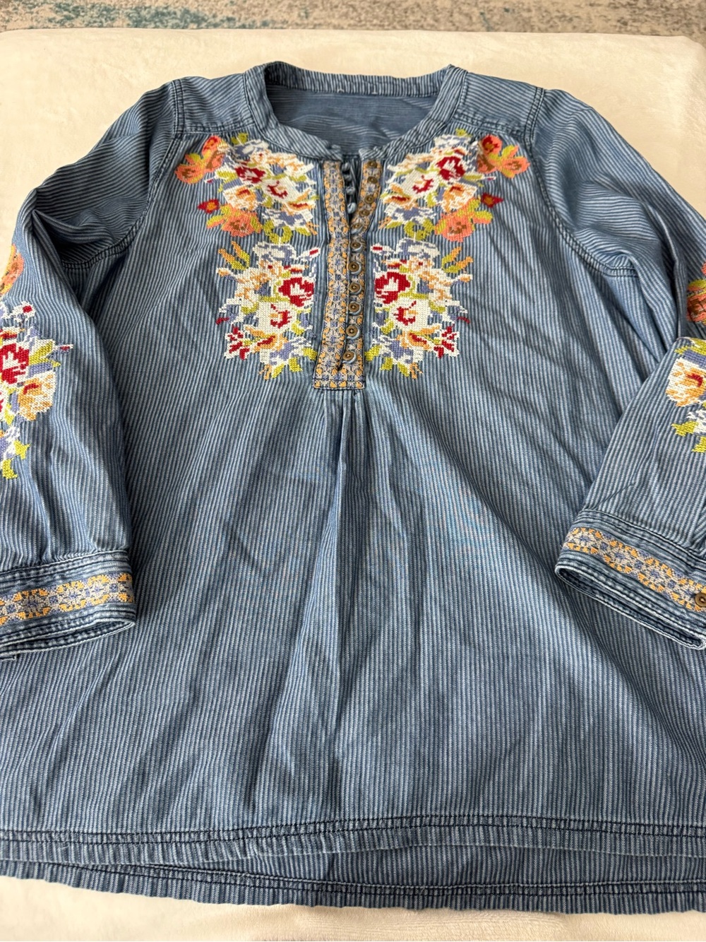 Sundance Kenza Floral Embroidered Tunic Blue Striped Cotton Denim Boho 1X D99